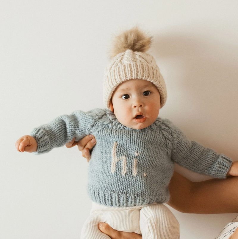 hi. Surf Blue Crew Neck Hand Knit Sweater