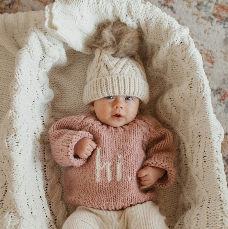 hi. Rosy Crew Neck Hand Knit Sweater
